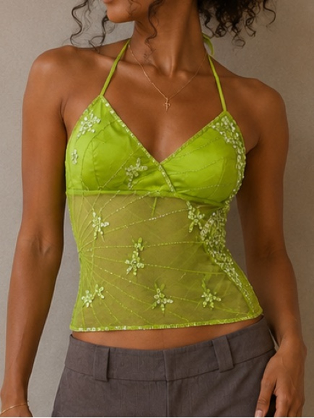 Y2K Seductions Lime Green Sequin Mesh Open Back Halter